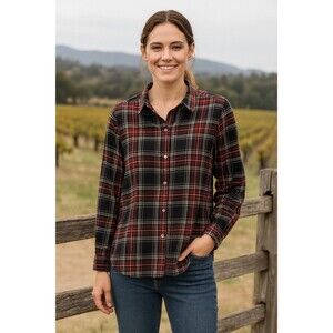 J Jill Women's Red Black White Plaid Cotton Button-Up Shirt, Medium